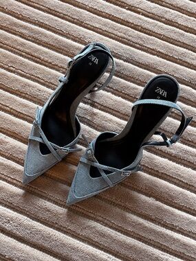 ZARA Women's Pointed Slingback Heels in Light Blue Denim